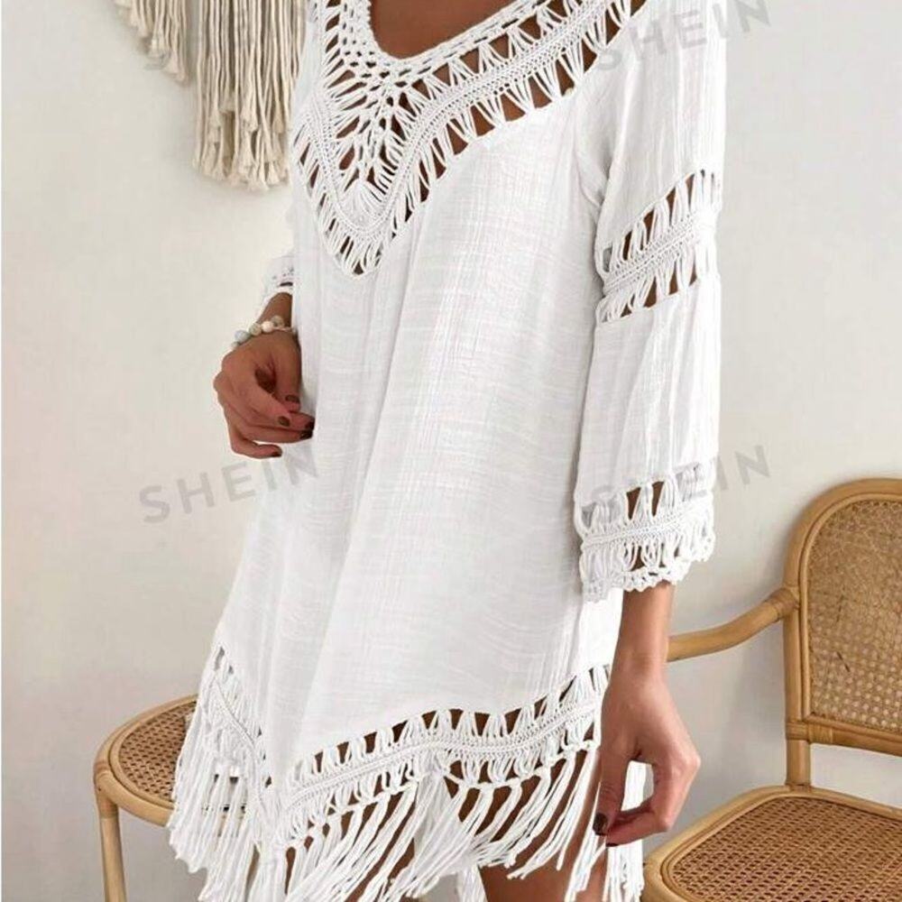 White Crochet Fringe Hem Loose Waisted Coverup - Picture 4 of 6